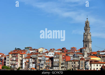 City of Porto Old Town Skyline, Clerigos Church tower on the right, traditional Portuguese houses Stock Photo