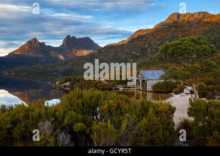 Cradle Mountain and Dove Lake Boatshed at dawn - Cradle Mtn Lake St Clair N.P - Tasmania Stock Photo