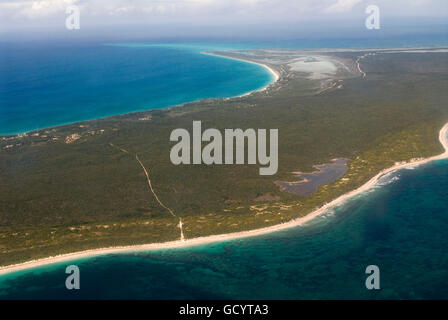 Aircraft flying over the island of Cat Island. The Cat island seen from a small plane flighting to Cat island Bahamas Stock Photo
