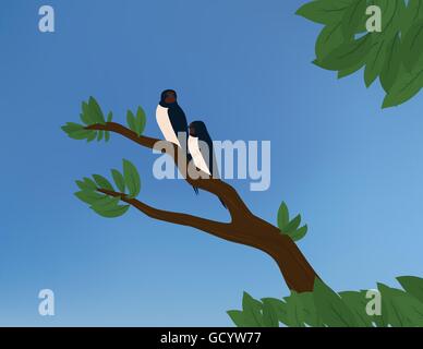 Two barn swallows sitting on a branch with green leaves and blue sky in background. Stock Vector