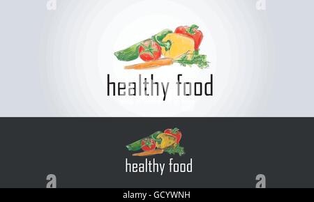 healthy food logo with hand drawn vegetables Stock Vector