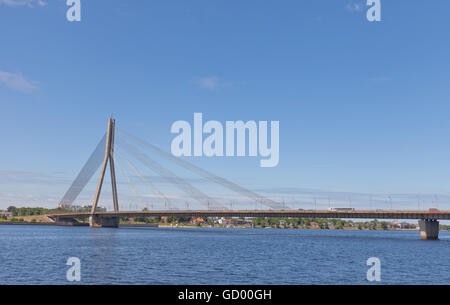 Vansu Bridge (1981, former Gorky Bridge) over Daugava River in Riga, Latvia. One of five big bridges in Riga and the only cable Stock Photo