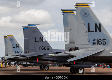 Eagle trio comprising an F-15E sandwiched between a pair of F-15C's pictured at the 2016 Royal International Air Tattoo. Stock Photo