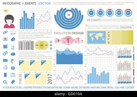info graphic elements, web technology icons. vector time line diagram, arrow symbol. world map, pie chart icon. financial statis Stock Vector