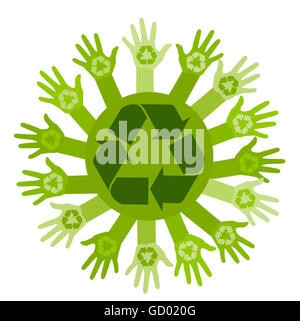 Conceptual ecology illustration with hands and recycling sign Stock Photo