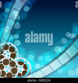 Cinema blue  background with retro filmstrip, film reel. Vintage movie abstract background Stock Photo