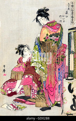 Geisha, Japan. Traditional Japanese geishas. Woodcut print from an illustration by Kitagawa Utamaro (c. 1753-1806), c.1785. Stock Photo