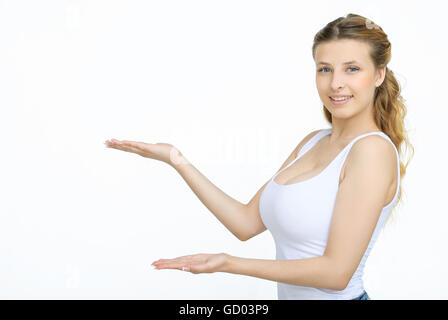 Woman showing something with open hand palm Stock Photo