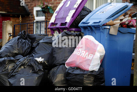 Refuse waiting to be collected in Liverpool, Merseyside. Local councils have been accused of complacency over rubbish collection, amid growing public anger that bins in some areas have not been emptied for as long as four weeks. Stock Photo