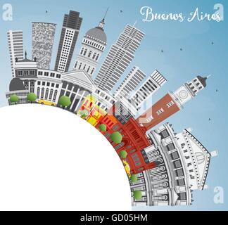 Buenos Aires Skyline with Color Landmarks, Blue Sky and Copy Space. Vector Illustration. Stock Vector