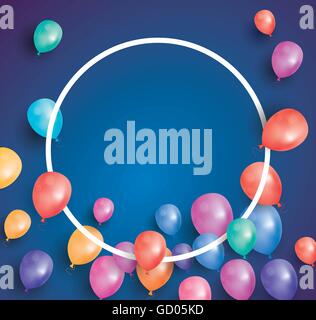 Happy birthday card with flying balloons and white frame. Vector illustration. Template for different holidays with copy space. Stock Vector