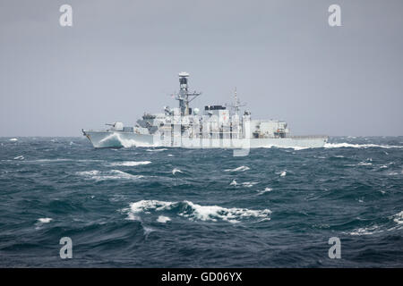 Portsmouth-based warship HMS Iron Duke in the Southern North Sea as she returns home from a successful six-month deployment working with a multi-national NATO task group in Northern Europe. Stock Photo