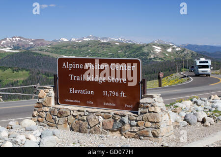 The Alpine Visitor center sits at the top of Trail Ridge Road in Rocky Mountain National Park at an elevation of 11,796 feet Stock Photo