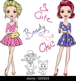 Vector Pop Art cute fashion girls with dog and cat Stock Vector