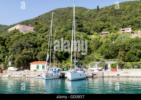 Two Yachts Moored in Poros Harbour, Kefalonia, Greece. Stock Photo