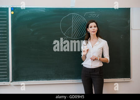 Happy businesswoman in front of cogwheel background Stock Photo