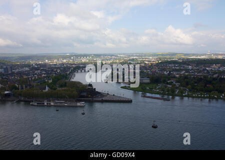 Koblenz is situated at the confluence of the Rhine and Moselle Rivers  -- the so-called 'German Corner.' Stock Photo