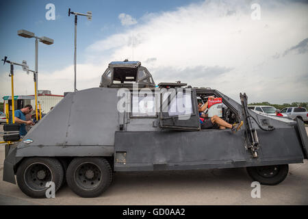 A storm chaser waits for a storm in the TIV 2, or 'Tornado Intercept Vehicle 2', an armored vehicle designed to enter tornadoes. Stock Photo