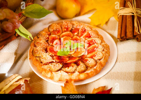 Homemade fig pie with nuts and honey on the picnic Stock Photo