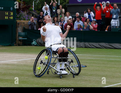 10.07.2016. All England Lawn Tennis and Croquet Club, London, England. The Wimbledon Tennis Championships Day 14. The Final of the Men's Wheelchair Singles between Stefan Olssen (SWE) and Gordon Reid (GBR). Gordon Reid celebrates as he wins the inaugural final in straight sets. Stock Photo