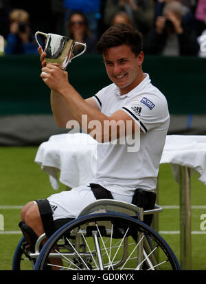 10.07.2016. All England Lawn Tennis and Croquet Club, London, England. The Wimbledon Tennis Championships Day 14. The Final of the Men's Wheelchair Singles between Stefan Olssen (SWE) and Gordon Reid (GBR). Gordon Reid with trophy as wins the inaugural final in straight sets. Stock Photo