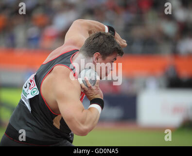 German David Storl at his attempt at the European Athletics Championships 2016 at the Olympic Stadium in Amsterdam, The Netherlands, 10 July 2016. Photo: Michael Kappeler/dpa Stock Photo