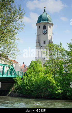 Fischamend: City tower and bridge over river Fischa, Austria, Niederösterreich, Lower Austria, Donau Stock Photo