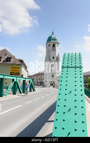 Fischamend: City tower and bridge over river Fischa, Austria, Niederösterreich, Lower Austria, Donau Stock Photo
