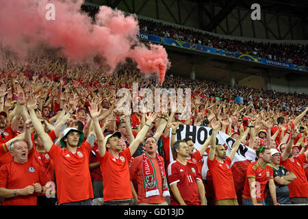 Welsh fans sing the Welsh national anthem at the Welsh Football team after defeat in the Euro 2016 Semi-Final between Portugal and Wales at the Parc Olympique Lyonnais in Lyon, France. Stock Photo