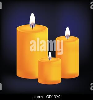 Realistic three yellow candles on dark background Stock Vector