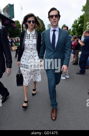 Benedict Cumberbatch and Sophie Hunter on day thirteen of the Wimbledon Championships at the All England Lawn Tennis and Croquet Club, Wimbledon. Stock Photo