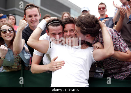 Gordon Reid celebrates after winning the final of the gentlemen's wheelchair singles on day thirteen of the Wimbledon Championships at the All England Lawn Tennis and Croquet Club, Wimbledon. Stock Photo