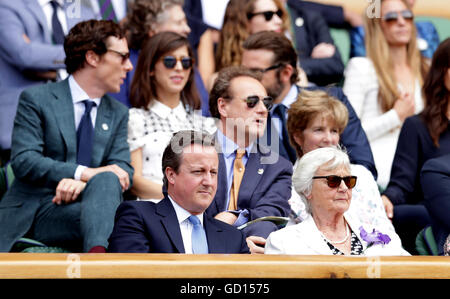 Prime Minister David Cameron with his mum Mary on day thirteen of the Wimbledon Championships at the All England Lawn Tennis and Croquet Club, Wimbledon. Stock Photo
