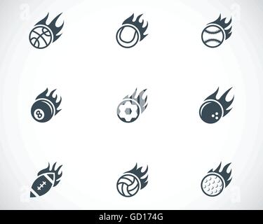 Vector black fire sport balls icons set Stock Vector