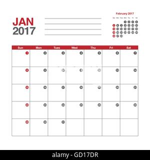 Template of calendar for January 2017 Stock Vector