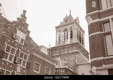 Oude Kerk - Old Church, Delft, Holland, Netherlands, Europe in Black and White Sepia Tone Stock Photo
