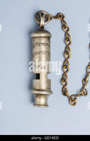 Police whistle, Warwickshire Constabulary, made by Hudson and Co. Birmingham, with chain Stock Photo