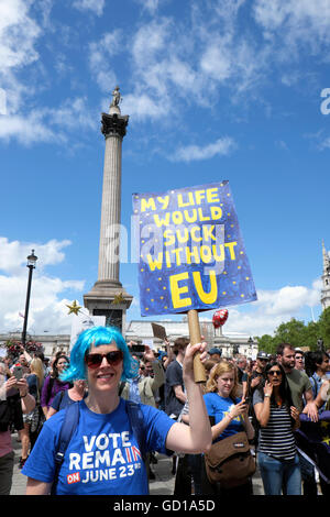 Vote remain protester protestor at the Anti Brexit demo protest My Life Would Suck Without EU' poster July 2016  in London UK England  KATHY DEWITT Stock Photo