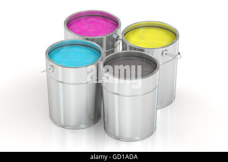 Cans with color paint, CMYK concept. 3D rendering isolated on white background Stock Photo