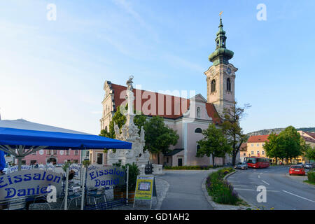 Hainburg an der Donau: Main square with the parish church and Marian column, Austria, Niederösterreich, Lower Austria, Donau Stock Photo