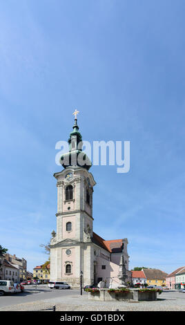 Hainburg an der Donau: Main square with the parish church with Haydn Fountain, Austria, Niederösterreich, Lower Austria, Donau Stock Photo