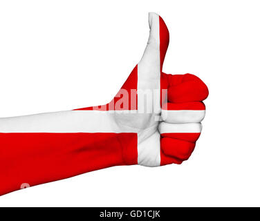 Hand with thumb up painted in colors of Denmark flag Stock Photo