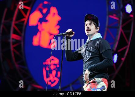 Anthony Kiedis of the Red Hot Chilli Peppers on the main stage during the third day of T in the Park, at Strathallan Castle, Perthshire. Stock Photo