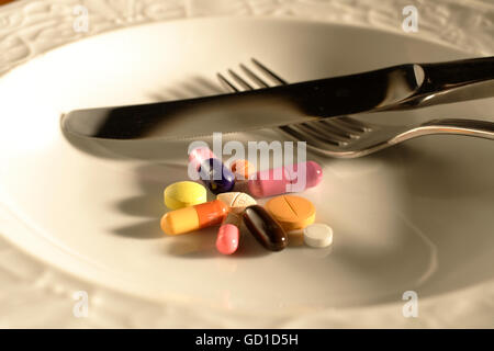 Pills and capsules on a plate with a knife and a fork Stock Photo