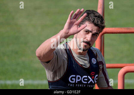 Turin, Italy. 10th July, 2016. Danilo Avelar cheers the supporters during the first training of Torino FC of the season 2016-2017. © Nicolò Campo/Pacific Press/Alamy Live News Stock Photo