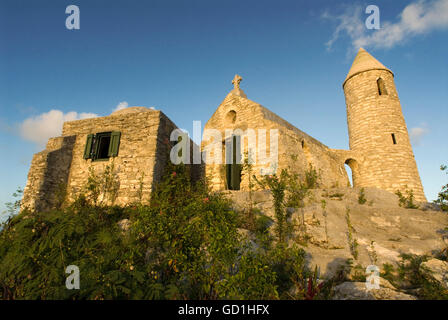 The Ermite small monastery at the top of Mount Alvernia on Cat island, over 63 meters, Bahamas. Mt. Alvernia Hermitage and Father Jerome's tomb atop Como Hill. Stock Photo