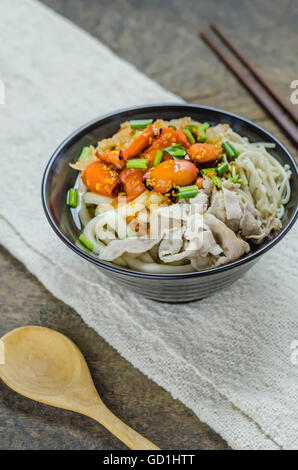 Korean hot spicy noodles with kimchi and seafood Stock Photo