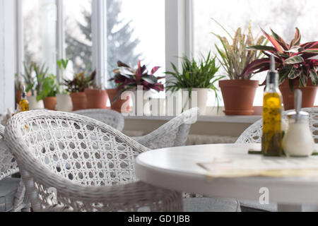 Restaurant interior. Pepper and salt on the table. Stock Photo