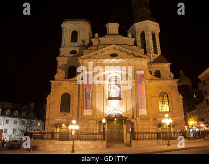 QUEBEC CITY - MAY 24, 2016:  View of the Cathedral-Basilica of Notre-Dame de Quebec at night,  is the primatial church of Canada Stock Photo