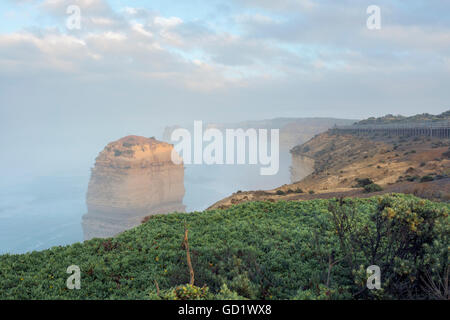 Fog shrouds Australia's iconic Twelve Apostles on the Great Ocean Road Stock Photo